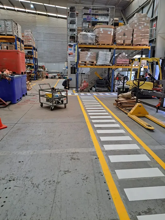 Personal técnico de Altos de Arauco verificando la correcta aplicación, espesor y adherencia de la pintura demarcatoria, garantizando el cumplimiento de los estándares internos de calidad. Revisión técnica de demarcación de pisos en bodega