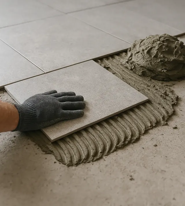 Mano colocando cerámica sobre base nivelada con adhesivo durante una obra. Mano colocando cerámica sobre base nivelada con adhesivo durante una obra.