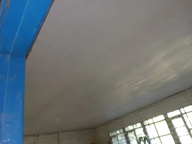 Cielo recién pintado en aula de la Escuela Bellavista como parte del proceso de terminaciones del proyecto de mejora. Cielo pintado y terminaciones interiores en aula de escuela rural.