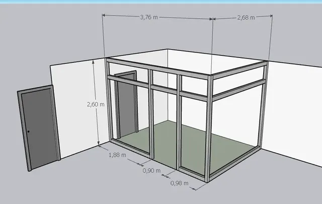 Diseño 3D de la nueva oficina con tabiquería de aluminio. Representación 3D del diseño arquitectónico de la nueva oficina con medidas y estructura.