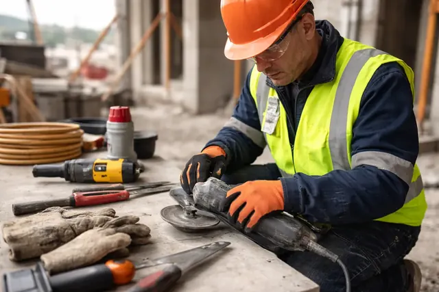 Trabajador de Altos de Arauco realizando inspección de herramientas con una lista de chequeo en obra, aplicando protocolos de seguridad y prevención de riesgos.