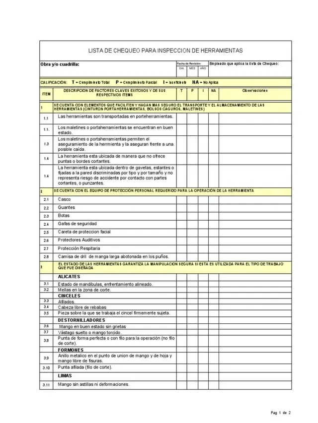 Lista de chequeo empleada para verificar el estado de herramientas y equipos antes de iniciar la jornada. Plantilla de lista de chequeo utilizada por Altos de Arauco para la inspección preventiva de herramientas y equipos de trabajo en obra.