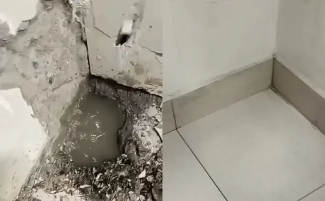 Proceso de reparación de filtración de agua en muros y pisos de una farmacia Cruz Verde, mostrando el antes y después del mantenimiento realizado por Altos de Arauco. Proceso de reparación de filtración de agua en muros y pisos de una farmacia Cruz Verde, mostrando el antes y después del mantenimiento realizado por Altos de Arauco.