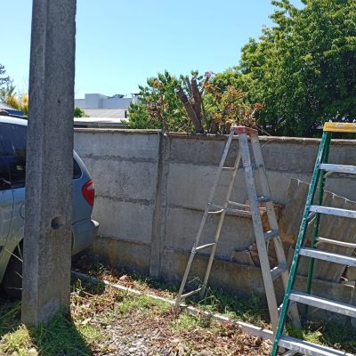 Trabajos de limpieza en muro perimetral con restos de concertina y maleza.