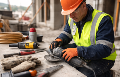 Trabajador de Altos de Arauco realizando inspección de herramientas con una lista de chequeo en obra, aplicando protocolos de seguridad y prevención de riesgos.