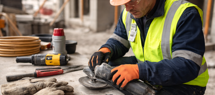 Trabajador de Altos de Arauco realizando inspección de herramientas con una lista de chequeo en obra, aplicando protocolos de seguridad y prevención de riesgos.