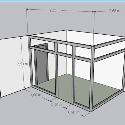 Representación 3D del diseño arquitectónico de la nueva oficina con medidas y estructura.