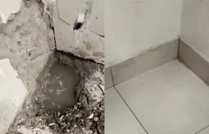 Proceso de reparación de filtración de agua en muros y pisos de una farmacia Cruz Verde, mostrando el antes y después del mantenimiento realizado por Altos de Arauco.