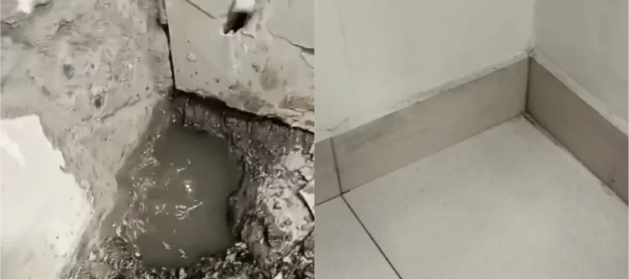 Proceso de reparación de filtración de agua en muros y pisos de una farmacia Cruz Verde, mostrando el antes y después del mantenimiento realizado por Altos de Arauco.