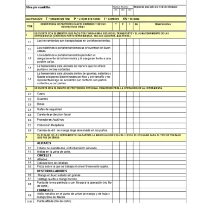 Plantilla de lista de chequeo utilizada por Altos de Arauco para la inspección preventiva de herramientas y equipos de trabajo en obra.