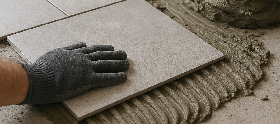 Mano colocando cerámica sobre base nivelada con adhesivo durante una obra.